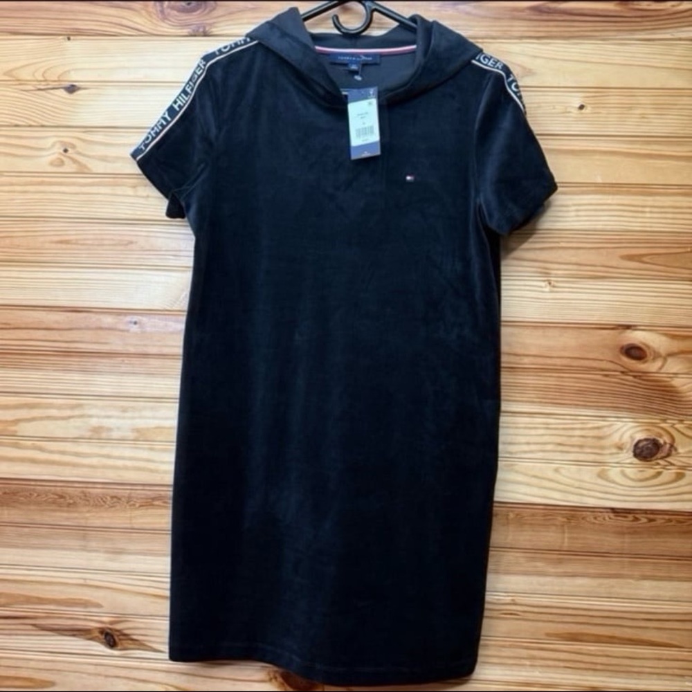 Tommy Hilfiger black velvet / velour hooded T-shirt dress NWT small
